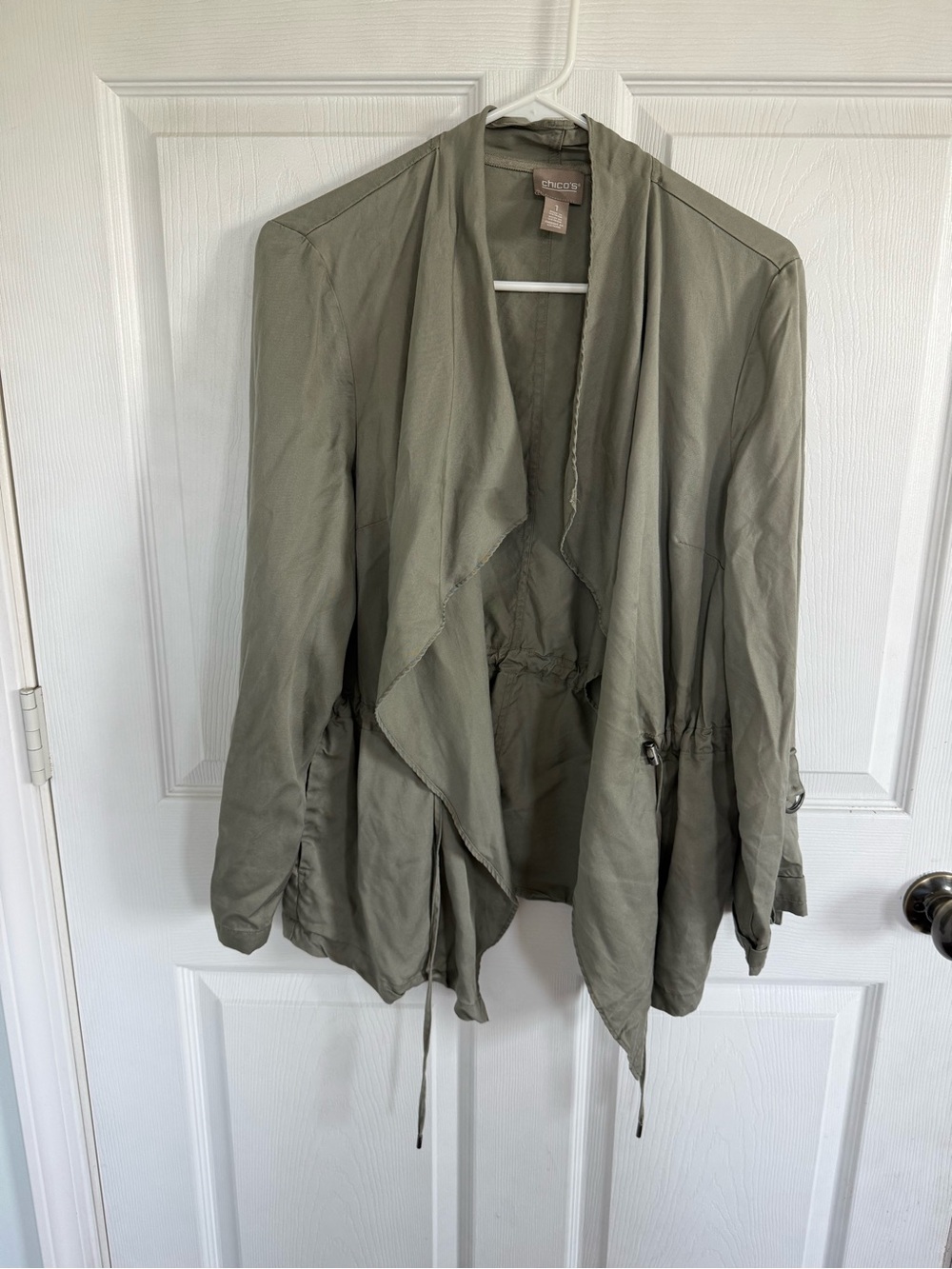 Chico’s Olive Military Jacket Cardigan Large Draped Ruffle Y2K Slouchy Layering